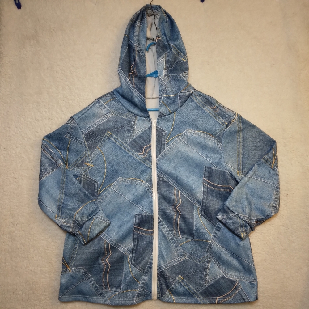 Unique Faux Jean Pocket Women's Hoodie- XL